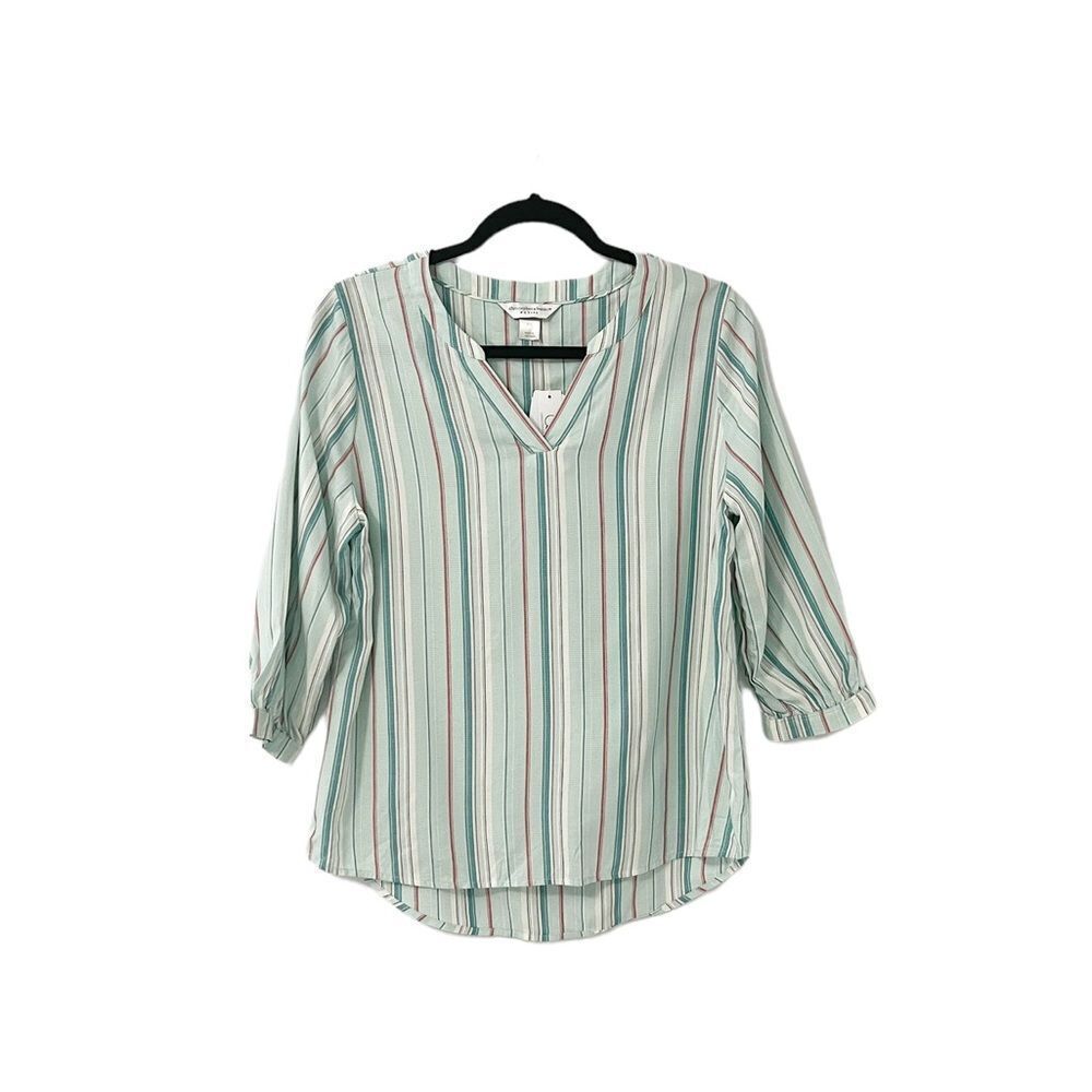 🟢Christopher & Banks Mint Green Multicolor Striped 3/4 Sleeve V Neck Blouse S
